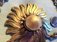 TAXCO MEXICO LPV VTG STERLING SUNFLOWER MABE PEARL BOLD STATEMENT NECKLACE 123g