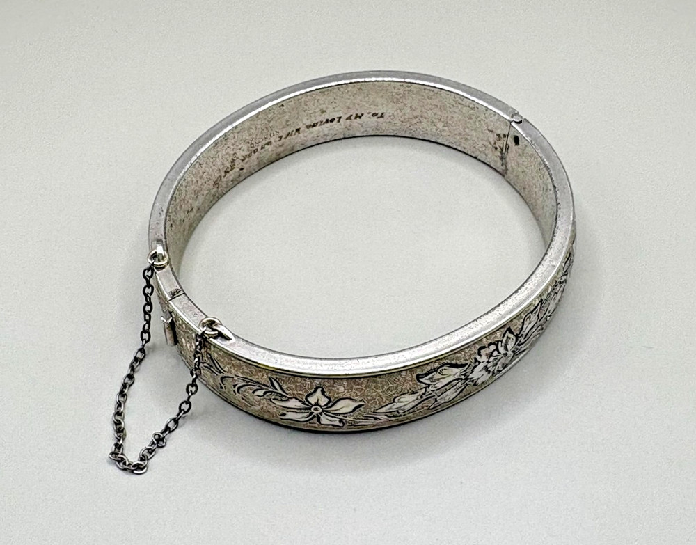 Vintage Sterling Silver Floral Engraved Hinge Bangle Bracelet Safety Chain 21.5g