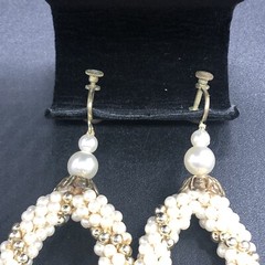 Vtg Faux Pearl Gold Woven Rope Necklace Matching Rope Hoop Earrings Screw Backs
