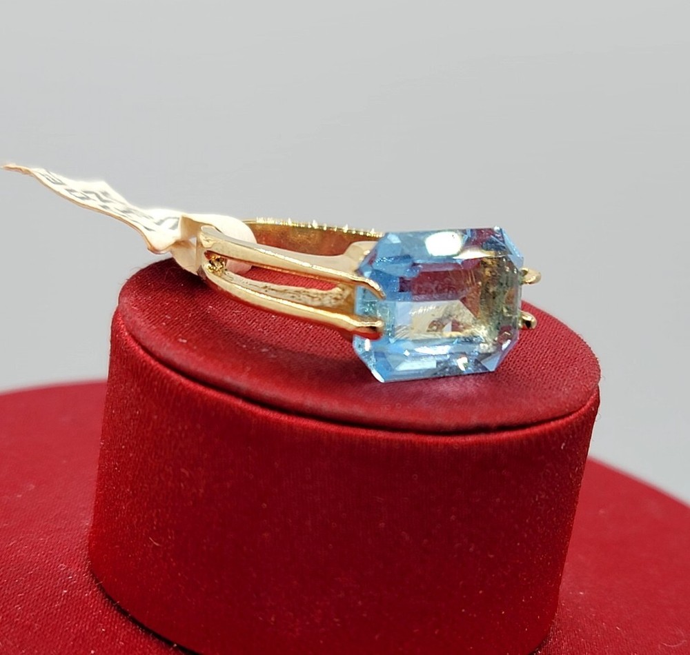 Vtg Sz 6 Ring Lg Aqua Blue Cubic Zirconia 18KGE Gold Electroplated Jewelry StyL2