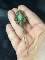 Art Nouveau Serpent Stick Pin Swirled Green Glass Dragon Face CHIP