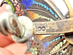Antique 800 Silver Filigree Enamel Butterfly Brooch Multicolor Blue Green Pin