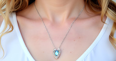 14K White Gold Blue Aquamarine Diamond Artistic Pendant Necklace, 18 Inch Chain