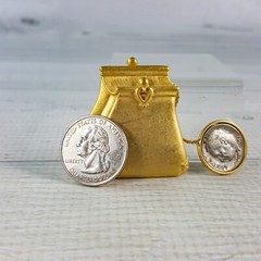 Vintage Tona 1.5″ Signed Gold Tone Coin Purse Pocketbook Dime Dangle Pin Brooch