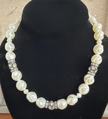 Vintage Unbranded 16 Faux Pearl Necklace with Rhinestone Accents Silver Tone