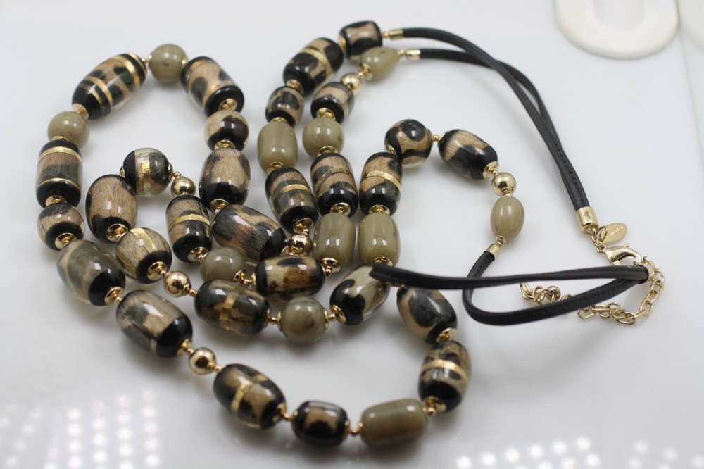 Chico’s Long 43″ double strand black chord animal print faux fur/ hair necklace