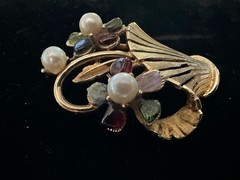 Vintage Pearl Jade Garnet Rose Quartz Flower Basket Brooch Gold Tone Swoboda?