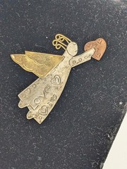 Vintage Mixed Metals Embossed Welded Angel W/ Heart Brooch Pin Love Pin