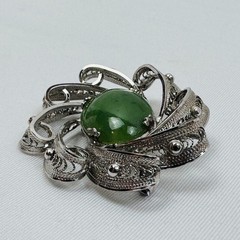 Vintage Sorrento Oval Jade Sterling Silver Brooch Pin Flower