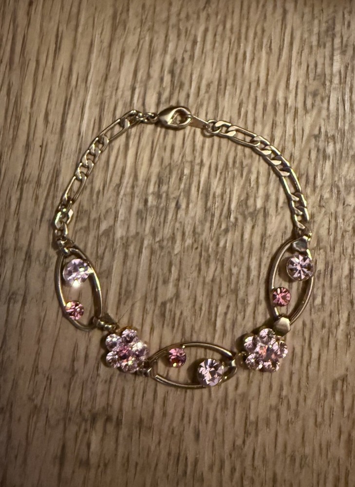 Pink Faux Amethyst Stone Rose Flower Gold tone Bracelet 7” Beautiful
