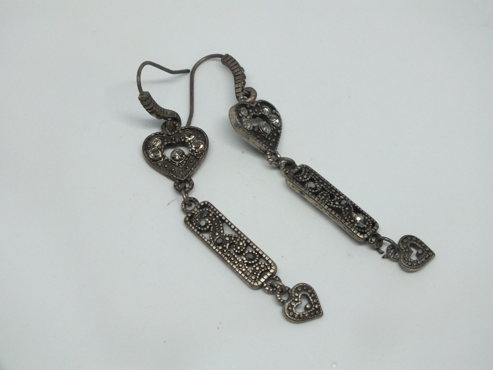 Hoop Pierced Earrings Dark Silver Tone Clear Blue Rhinestones 2 1/4″ Long NICE