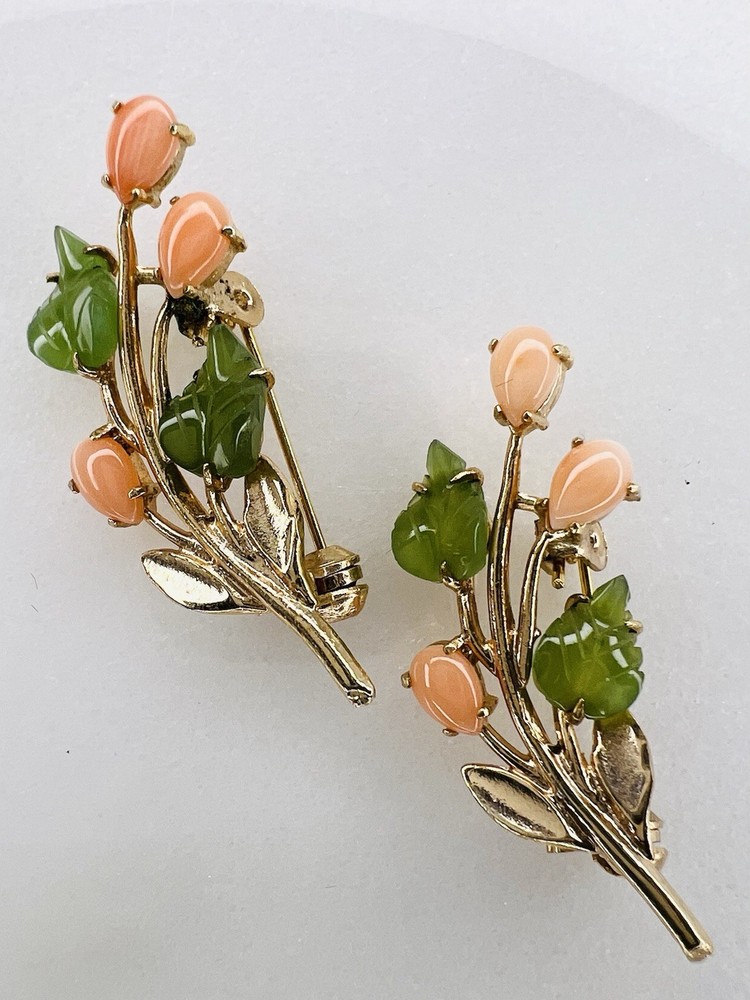 SET Vintage “SWOBODA” Coral Flowers & Jade Leafs Gold Plated Brooch Pin