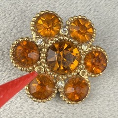 Vintage Rhinestone Brooch Gold Tone Orange Rhinestone Flower READ