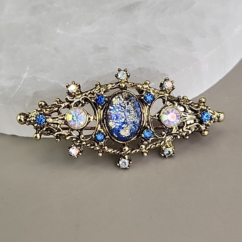 Vintage Foiled Glass Brooch Aurora Borealis Blue Oval Gold Tone 2 3/8″