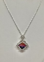 Vintage Rainbow Color Faceted Square Sterling 925 Diamond Shape Pendant Necklace