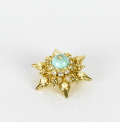 Vintage Snowflake Brooch Aqua Blue Gold Tone Beaded Rhinestone Lapel Pin