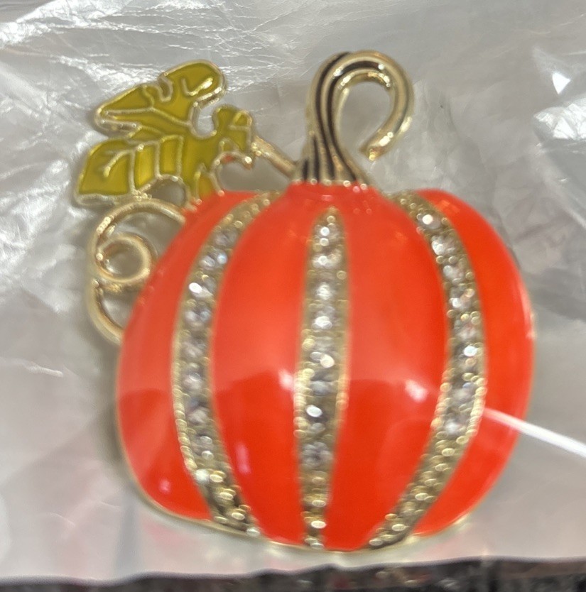 Goldtone Rhinestone Green Orange Pumpkin Halloween Autumn Pin (J28)