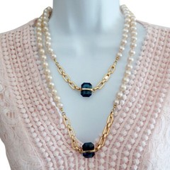 Vtg Faux Pearl Emerald Cut Blue Glass Necklace Knotted Strand 45″ Long 9.8mm