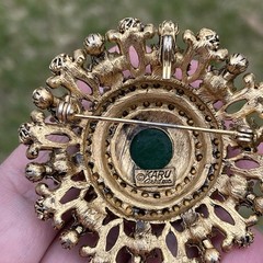 Vintage Karu Arke Inc. Rhinestones Faux Pearls Faux Jade Pendant Brooch