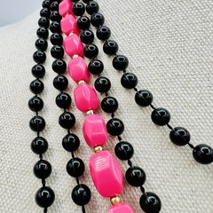 Vintage Black Pink Bead Necklace Set Flapper Opera Long Layered Retro Mod