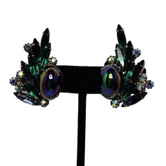Hattie Carnegie Iridescent Peacock Colored Climber Clip On Earrings Signed