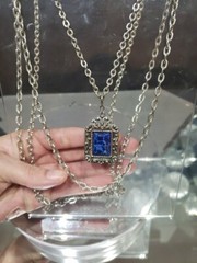 Double chain Necklace faux lapis c.1970 Sarah Coventry silver tone Roman Holiday