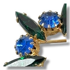 c.1960 Starburst Brooch Green Navette and Blue Chaton Rhinestones Gold Tone Pin