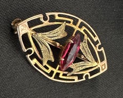 Antique Art Deco 10K Rose and Yellow Gold Glass/Paste Ruby Brooch