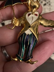 Vintage Green Blue Red White Enamel Gold Tone CLOWN With UMBRELLA Brooch Pin