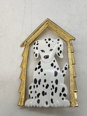 Vintage JJ Dalmatian Dog In House Brooch Pin Spotted Black White Puppy Gold Tone