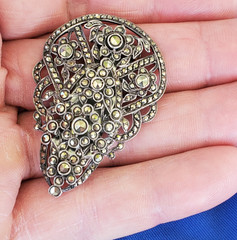 Vintage ORIGINAL Deco STERLING SILVER Diamond Cut Marcasite Brooch Clip BROACH