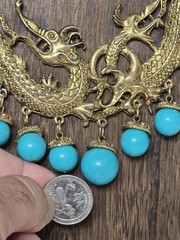Double Strand Chunky Turquoise Color Blue Bead Necklace Gold Tone Dragon Pendant