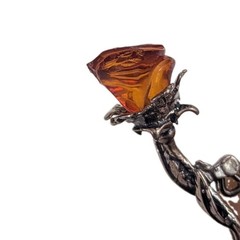 Vintage Sterling Silver Carved Baltic Amber Rose Flower Brooch Pin 2″