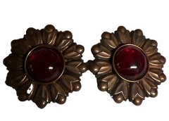 Vintage Baer SF Copper Tone Round Earrings Clip On Red Center Pre-Owned