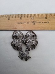 Vintage KC Silvertone Marcasite And Small Clear Rhinestones Ribbon Bow Brooch