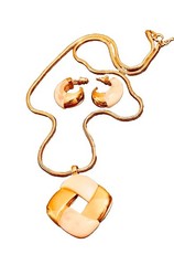 TRIFARI Signed Peach & Gold Set Pendant 20” Necklace & Earrings Vintage 60’s