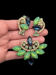 Verified Juliana Green Opal Blue Rhinestone Brooch Clip Earrings Set *Modified*
