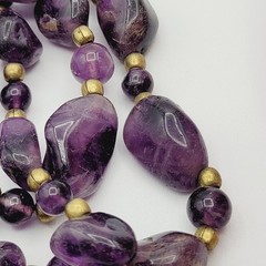 Vintage Amethyst Beaded Necklace Purple 24″ Brass Spacer Beads Natural Nuggets