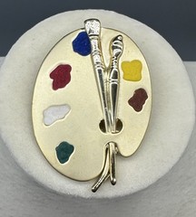 Vtg Paint Palette Artist Brooch Pin Gold Brushed Tone Brush Art To Wear Gift