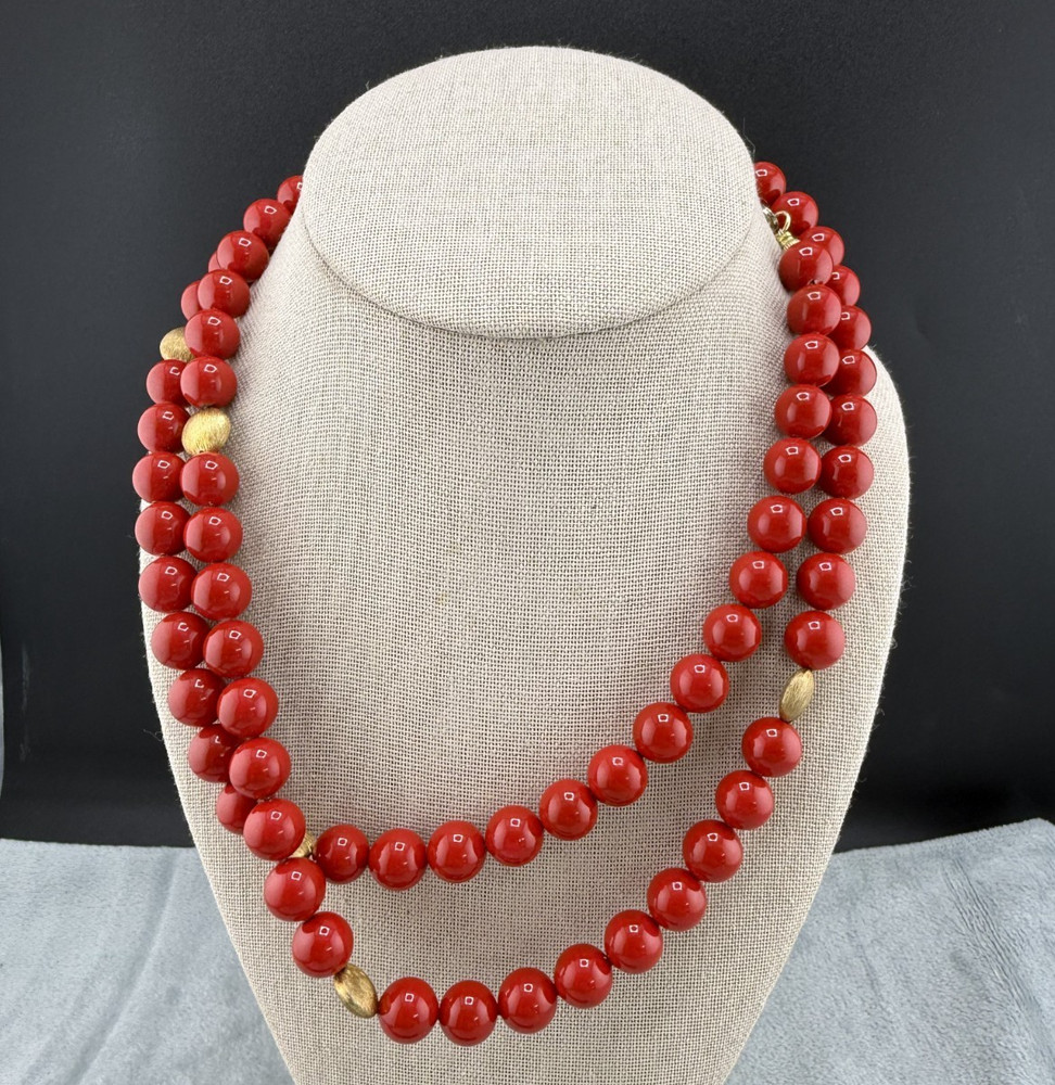 Vintage Gold Filled Red Glass Beaded Necklace 36″