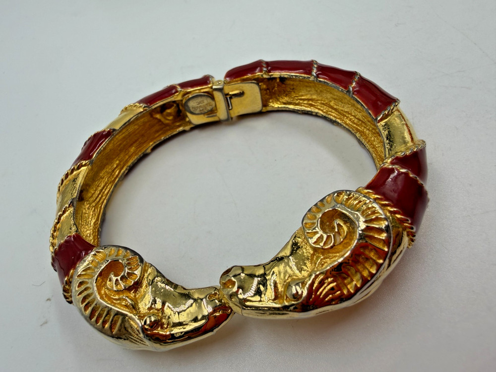 Vintage Les Bernard Bracelet Red Enamel Rams Head Hinged PLATING WEAR 6 inches