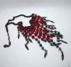 Vintage RJ Graziano red bead and gunmetal statement runway fringe necklace