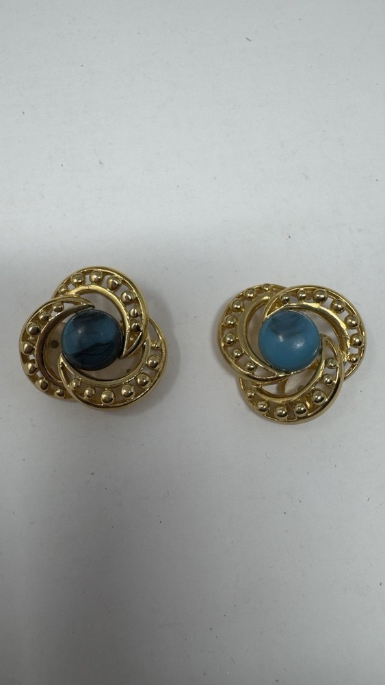 Erwin Pearl Vintage Earrings Clip On Yellow Gold With Blue Swirl Signed