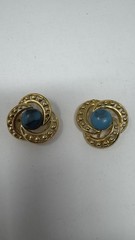 Erwin Pearl Vintage Earrings Clip On Yellow Gold With Blue Swirl Signed