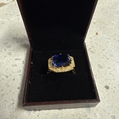 Antique Vintage Art Deco 3.20 Ct Blue Sapphire Promise Ring 14K Yellow Gold Over