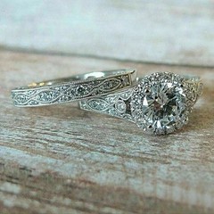 Vintage Art Deco Style Lab Created Diamond Engagement 14k White Gold FN Ring Set