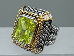 ESTATE GOLD SILVER PLATED MIX METAL CABLE LIME GREEN CRYSTAL UNISEX RING SIZE 5