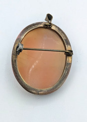 Vintage Shell Cameo Brooch Pendant Hand Carved Lady Portrait Gold Tone