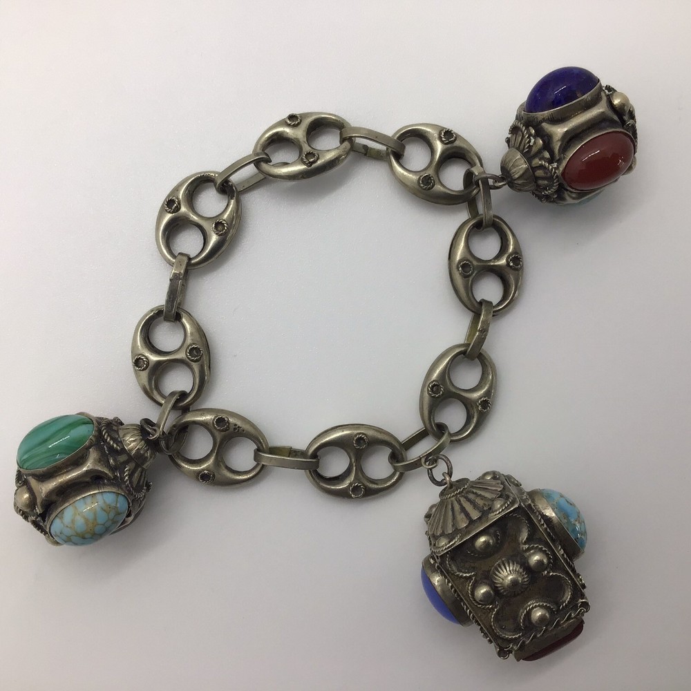 MCM VTG Etruscan Mediterranean Silver 800? Charm Bracelet 54g 8.5″ Turquoise
