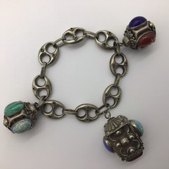 MCM VTG Etruscan Mediterranean Silver 800? Charm Bracelet 54g 8.5″ Turquoise